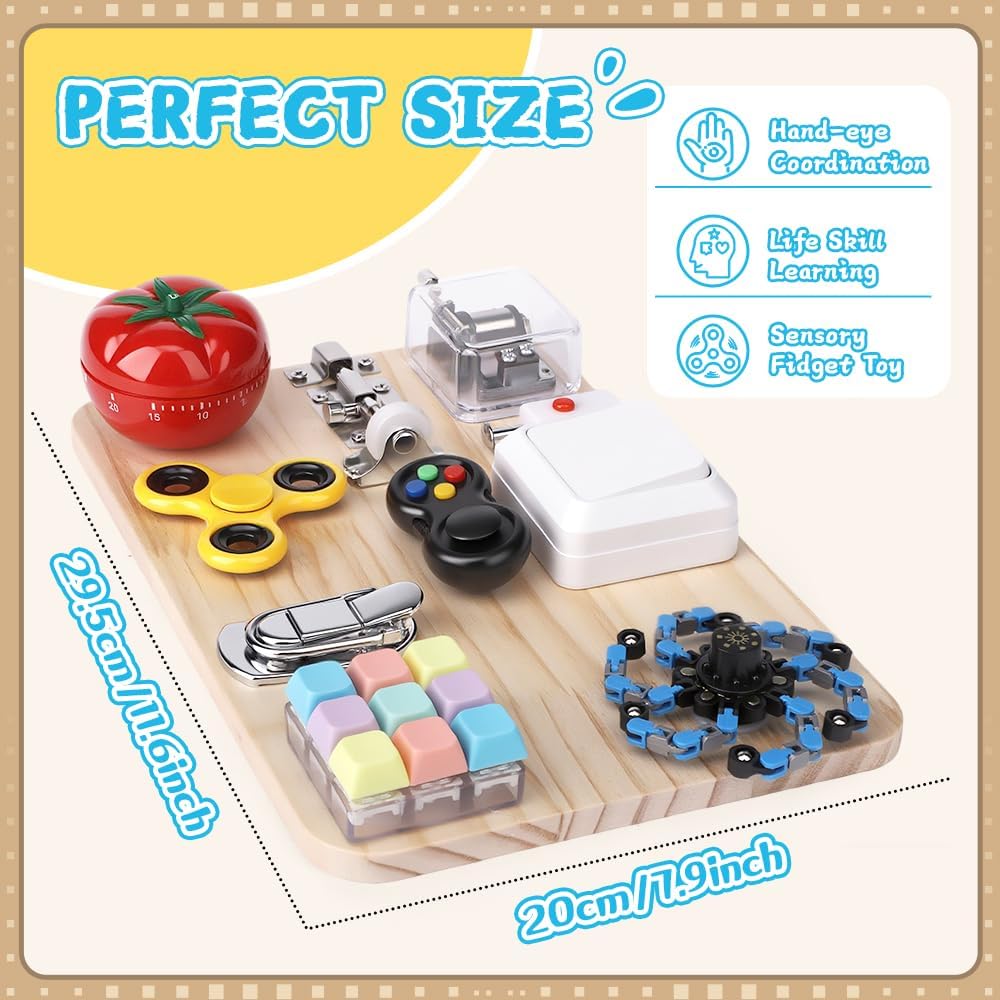 Busy Board for Toddler Kid Early Development, Fidget Sensory Learning Motor Skills Montessori Toy for Age 3 4 5, Busy Pad Fidget Spinner Travel Toy Birthday Gifts Educational Activities for Boy Girl