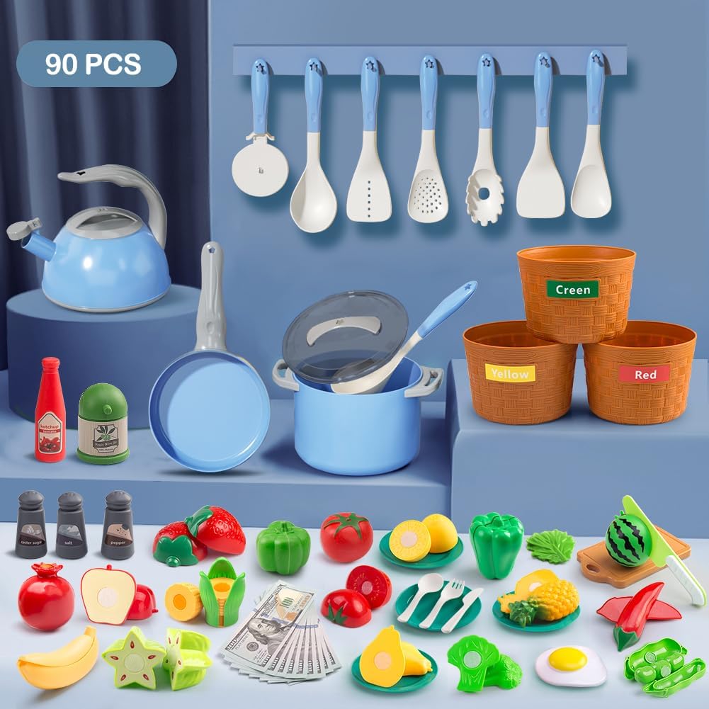 150Pcs Kitchen Playset, Toddlers Pretend Cooking Cookware Accessories, Food, Picnic Blanket, Fruits, Veges, 2Pack Shopping Storage Basket, Dessert and Prop Money, Gift for Kids (Pink)