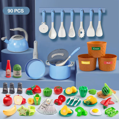 150Pcs Kitchen Playset, Toddlers Pretend Cooking Cookware Accessories, Food, Picnic Blanket, Fruits, Veges, 2Pack Shopping Storage Basket, Dessert and Prop Money, Gift for Kids (Pink)