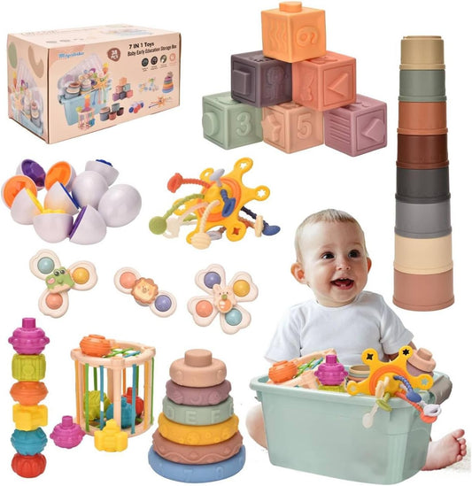 Baby Toys 6 to 12 Months 7 in 1 Montessori Teething Toys Sorting Sensory Educational Learning Gift for Toddlers Aged 1-3