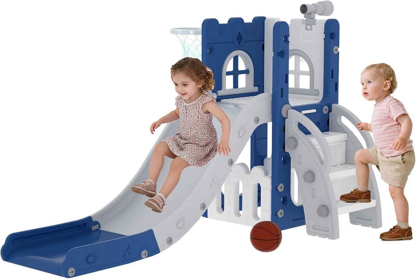 LulliSpace 6 in 1 Toddler Slide,Kids Playset for Toddlers Indoor Outdoor, Baby Slide with Basketball Hoop, Telescope & Storage Space,Non-Slip Steps for Great Gift