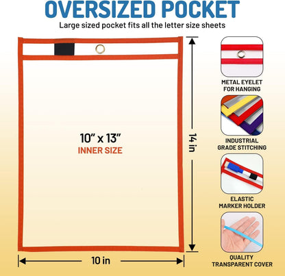 Dry Erase Pockets - 10 x 13 Reusable Dry Erase Pocket Sleeves for Work & School Worksheets - Heavy Duty Clear Pocket Sleeves - Quickly Wipe to a Flawless Clean (50 Pack Multicolor)