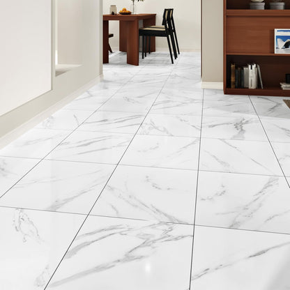 Wallercity White Marble Peel and Stick Vinyl Floor Tiles 6-Pack 12x12 Inches Self Adhesive Waterproof Flooring Planks for Bathroom Kitchen Bedrooms Stick on Floor Tiles Laminate Sheets Vinyl Flooring