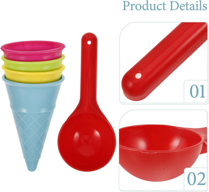 Totority Ice Cream Scoop Toy and Sand Ice Cream Set 5 Pieces Plastic Cones for Kids Outdoor Beach and Sandbox Play