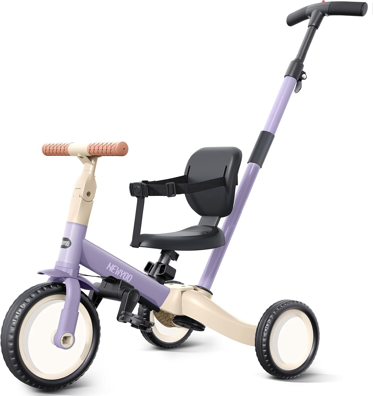 newyoo Toddler Tricycle with Push Handle for 1-3 Year Old, Toddler Bike, Birthday Gift and Toy for Boys and Girls, 5 in 1 Kids Trike, Balance Bike with Backrest and Safety Belt, Khaki, TR007