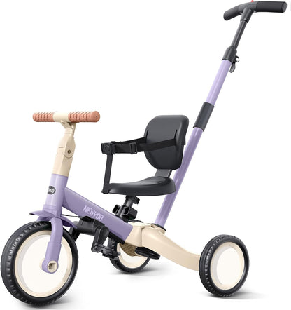 newyoo Toddler Tricycle with Push Handle for 1-3 Year Old, Toddler Bike, Birthday Gift and Toy for Boys and Girls, 5 in 1 Kids Trike, Balance Bike with Backrest and Safety Belt, Khaki, TR007