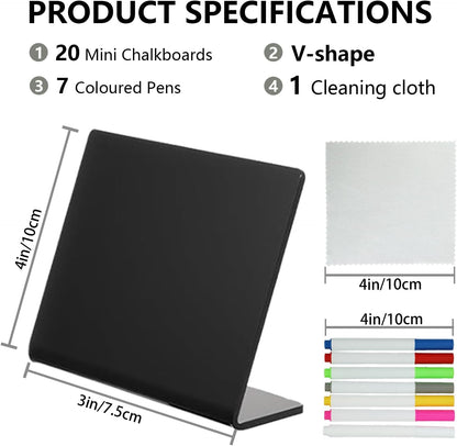 20 Pack 4"x3" V-Shaped Mini Chalkboard Signs, Self-Standing Tabletop Food Labels for Wedding, Bakery, Buffet, Easy to Write & Wipe Off, Includes 7 Color Chalk Markers, Cleaning Cloth