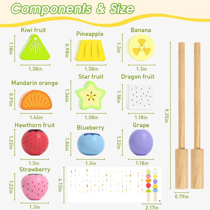 Montessori Lacing Beads Toy for Toddlers 2 3 4, Wooden Fruit Lacing Beads with 20 Double-Sided Pattern Cards, Stacking & Lacing Fine Motor Skills, Sensory Educational Birthday Gift for Boys & Girls