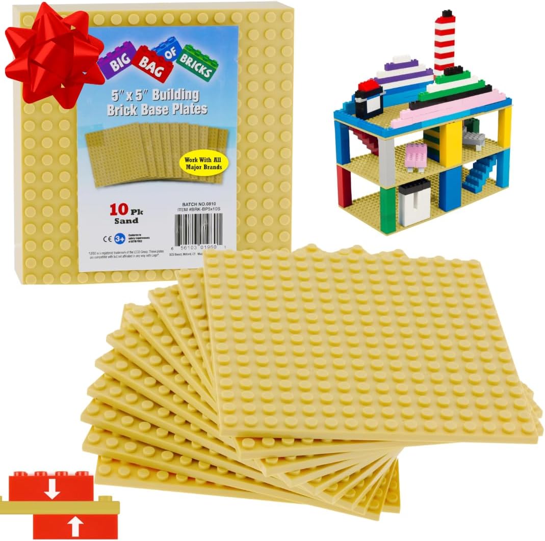 Classic Baseplates for Building Bricks - Set of 10 Sand 5"x5" Building Plates- Dual Connectivity, Build on Both Sides- Compatible, Tight Fit w Major Brands- Creative STEM Toy & Kids Bday Gift (Sand)