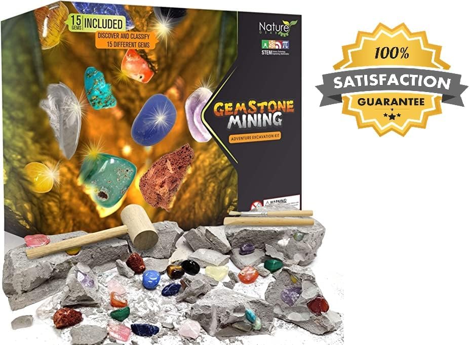 Nature Gear Gemstone Dig Kit for Kids, Educational Crystal Excavation Kit with 15 Mystery Gems, Interactive Adventure Fossil Mining Toy for Kids Age 3-5 and Up