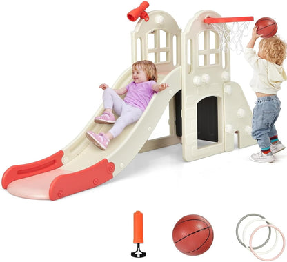 BABY JOY Toddler Slide, 6-in-1 Indoor Kids Slide Playset with Basketball Hoop, Telescope, Climbing Ladder & Storage Space, Freestanding Playhouse & Climber for Kids Aged 1-3 (Pink)