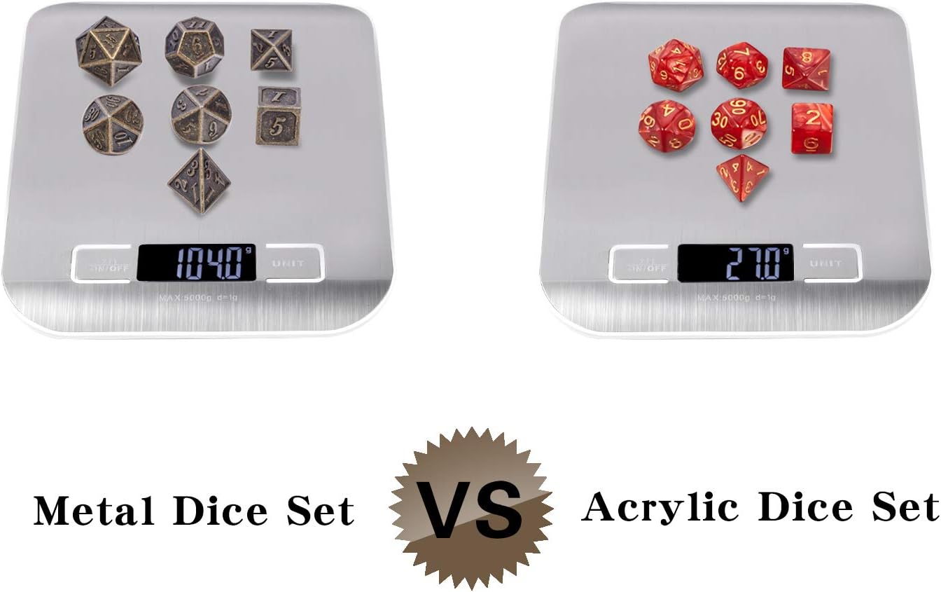 DnDnD Heavy Polyhedral Metal Dice Set with Metal Box, 7-die Shiny Blue Surface with Golden Number for RPG,Dungeons and Dragons,Pathfinder,Shadowrun,D&D,Role Palying Game and Math Teaching - Colors A