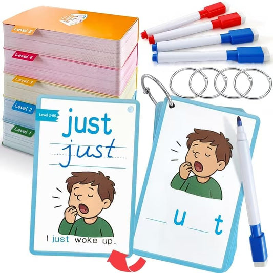 CVC Word Games&Writing Practice Card,300 Sight Words Flash Cards for Kindergarten & Toddlers-5 Levels Learning Cards with Picture Sentences Include 5 Dry Erase Markers & Rings
