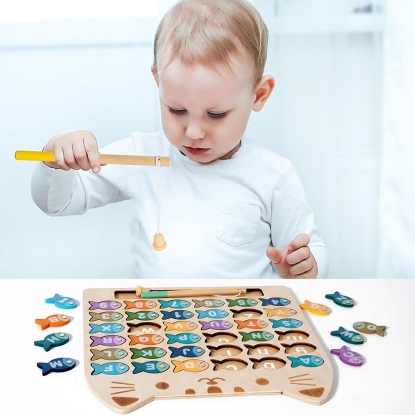 Magnetic Fishing Game for Toddlers, Wooden Alphabet Puzzle Maze Board, Preschool ABC Uppercase Lowercase Letter Matching Game, Montessori Educational Fine Motor Skill Toy for Boy Girl Kids