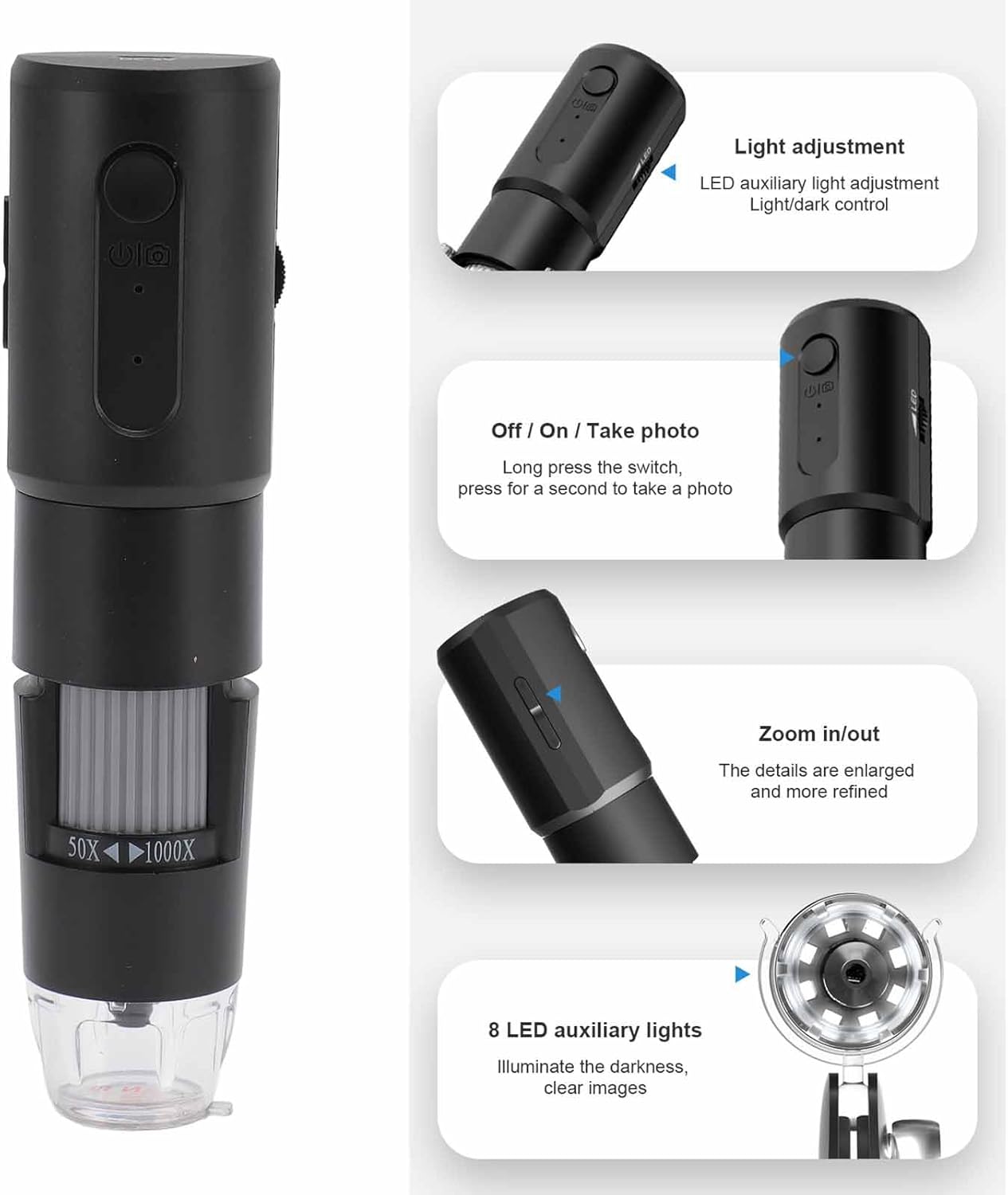 Digital Microscope, 50X-1000X Magnification Portable Handheld USB Camera with 8 LED Lights for Phone PC Tablet Inspection