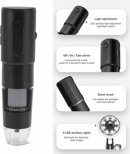 Digital Microscope, 50X-1000X Magnification Portable Handheld USB Camera with 8 LED Lights for Phone PC Tablet Inspection