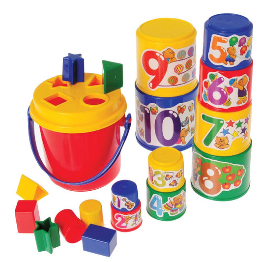 Constructive Playthings Sort, Count and Stack 19 pc. Set with 5 1/2" Diam. Bucket and 10 Numbered Stacking Cups that Make a 28 1/2" Tower; for Ages 12 Months and Up
