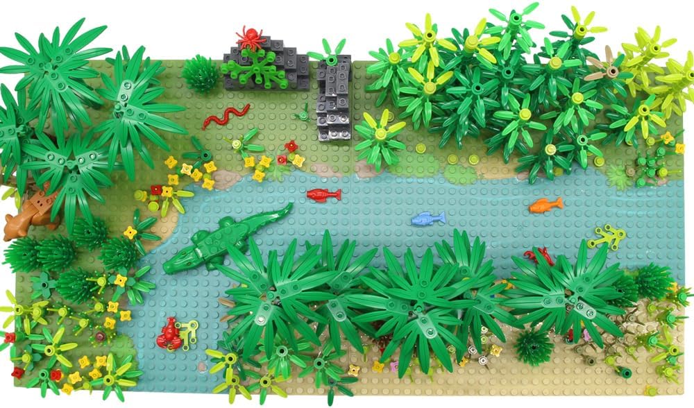 Rainforest Jungle Trees Building Blocks Bricks with 2 Base Plates (10 Inches for Each), Forest Garden Plants Flowers Bushes Animals Kit, Botanical Parts Scenery Toys Compatible with Major Brands
