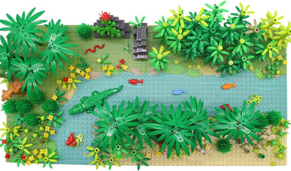 Rainforest Jungle Trees Building Blocks Bricks with 2 Base Plates (10 Inches for Each), Forest Garden Plants Flowers Bushes Animals Kit, Botanical Parts Scenery Toys Compatible with Major Brands
