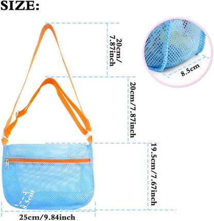 Beach Toy Mesh Beach Bag, 2Pcs Seashell Collecting Bags with Adjustable Shoulder Straps - 2pcs Sand Maker, Detachable Beach Shovels & Sand Rolling Mold, Outdoor Toys and Gifts for Kids