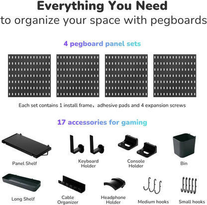 Keepo Peg Board Wall Organizer for Gaming Setup, Pegboard with Adhesives & Screw Mounts, Includes Peg Board Accessories for Gaming Accessories, Tech Storage & Office Organization (Black, 33″×22″)
