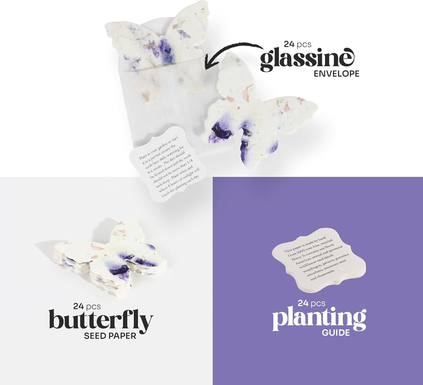 Wildflower Seed Paper - Set of 24 Purple Butterfly-Shaped with Envelope and Planting Instruction, Writable & Plantable Gift for Mom and Plant Lover, Ideal for Wedding, Memorial, Baby Shower