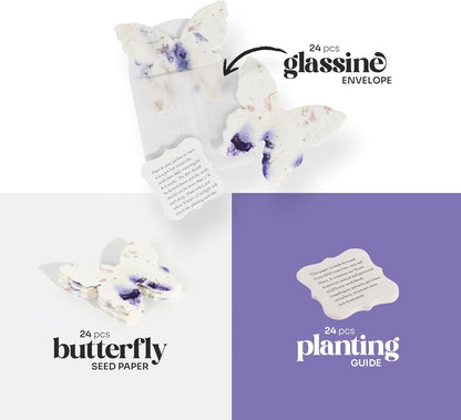 Wildflower Seed Paper - Set of 24 Purple Butterfly-Shaped with Envelope and Planting Instruction, Writable & Plantable Gift for Mom and Plant Lover, Ideal for Wedding, Memorial, Baby Shower