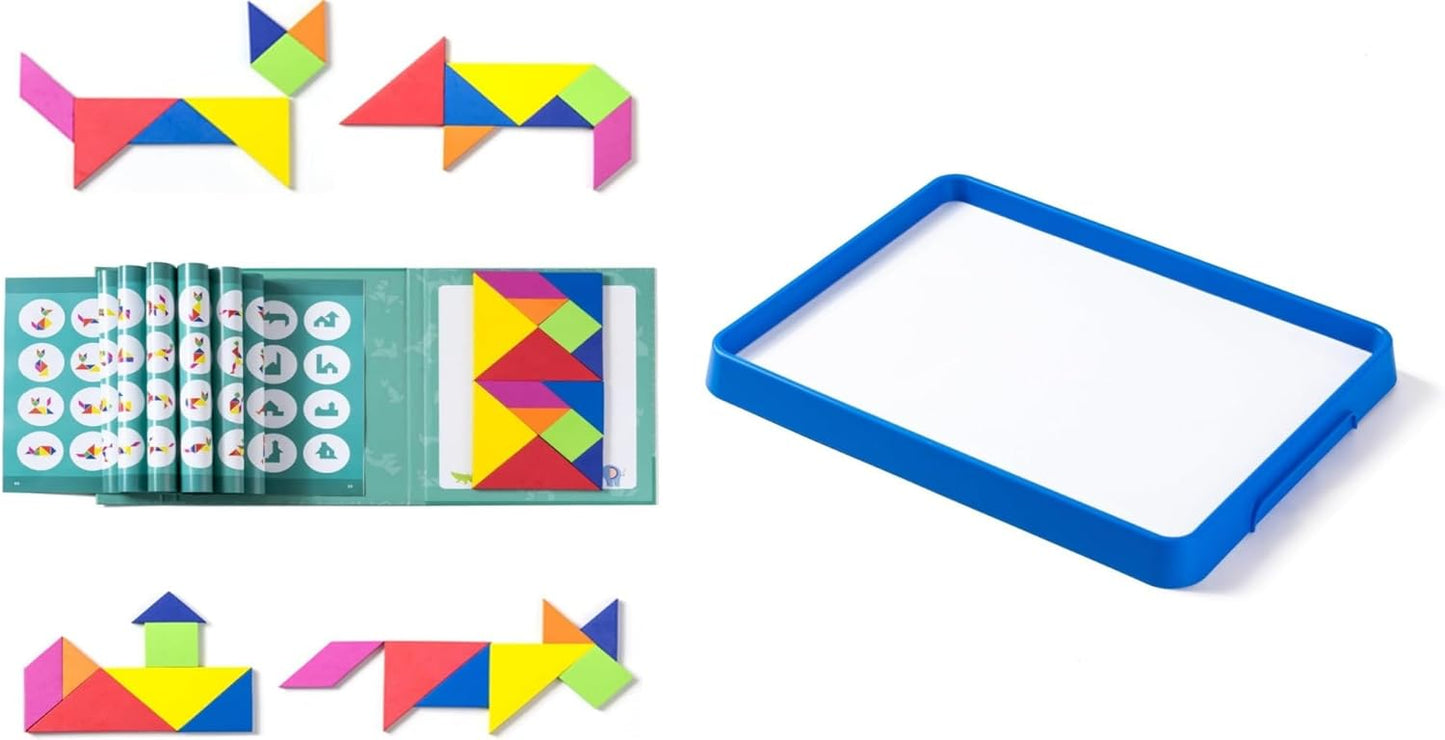 Magnetic Travel Tangram，Magnetic Dry Erase Trays，Creative Magnetic Puzzle and Brain Stimulating Toys for Kids,Kids White Boards for Learning & Play, Reusable Activity Trays（Blue）