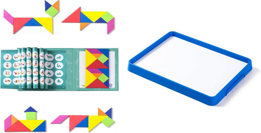Magnetic Travel Tangram，Magnetic Dry Erase Trays，Creative Magnetic Puzzle and Brain Stimulating Toys for Kids,Kids White Boards for Learning & Play, Reusable Activity Trays（Blue）
