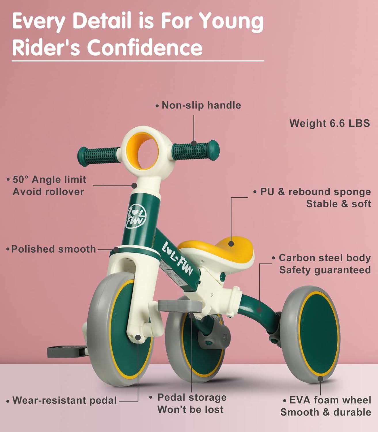 LOL-FUN Tricycle for Toddlers 1-3 Years Old Boys Girls Toy, 4 in 1 Baby Balance Bike for 1 2 Year Old Gift, Kids Bicycle with Easy Assembly Removable Pedal