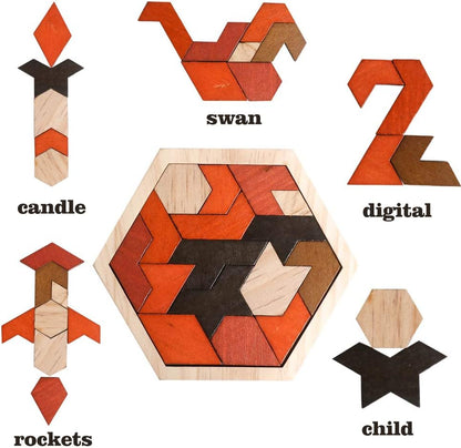 Skrtuan 5 Pack Wooden Puzzles Set - STEM Montessori Educational Board Games and Logic Traning Brain Teaser Geometric Shapes Tangram Puzzle Games for Kids Ages 3+