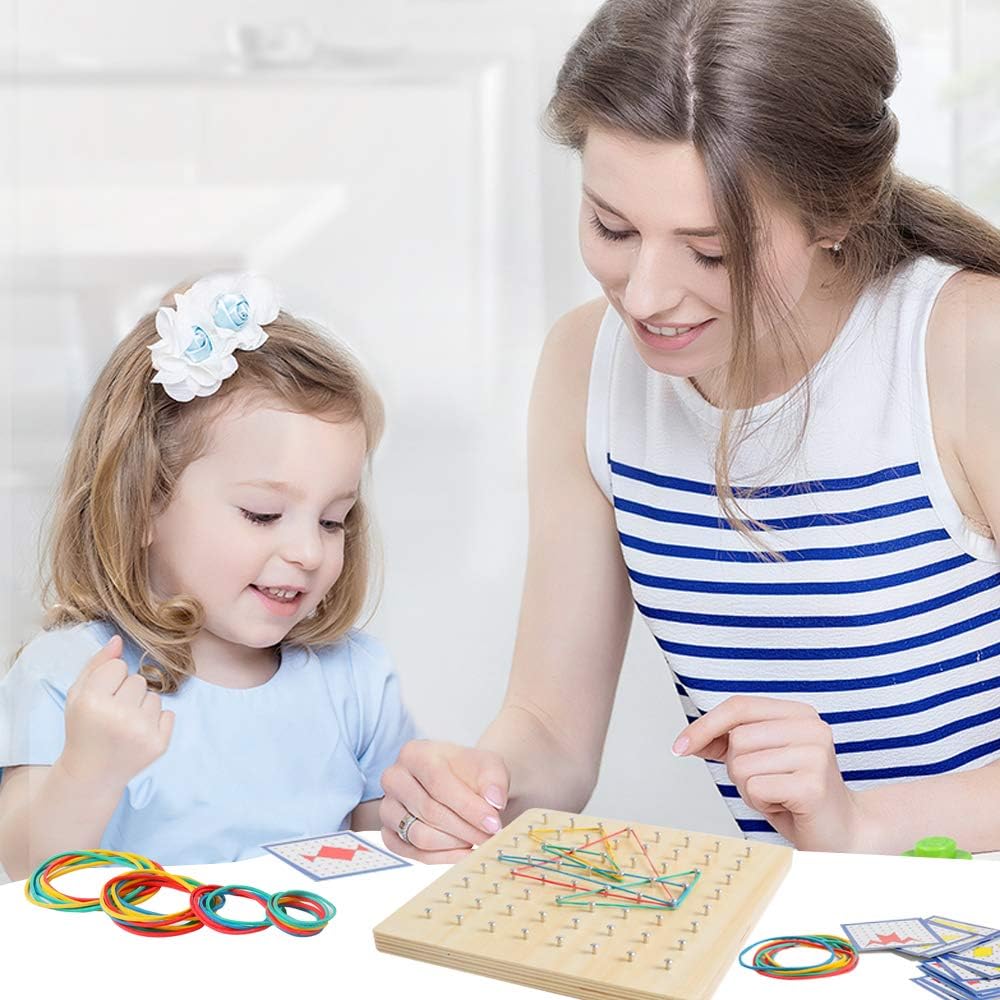 Skrtuan Wooden Geoboard with Pattern Cards & Rubber Bands, Montessori STEM Educational Toy for Kids 3-5 5-8 Years Old, Brain Teaser Puzzle Game for Geometry Learning and Creative Shapes