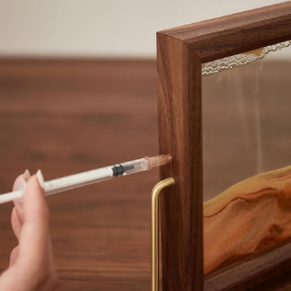 Solid Wood Oasis Mini Art Liquid Motion 360-Degree Rotation, Made of Black Walnut and H62 Brass, 3D Highly Transparent Office Decor (Desert)