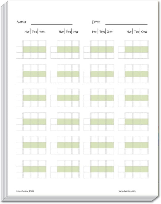 Channie’s Triple Digit Math Line-Up Pad for 3 Digit Addition Subtraction 250 Pages Counted Front & Back, 125 Sheets, Grades 2nd & 3rd, Size 8.5” x 11”