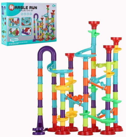 Marble Run Construction Set, STEM Learning Building Toy, 113 Pieces, Colorful Plastic Track with Spiral Ladder, Rotating Funnel, Ages 3-8