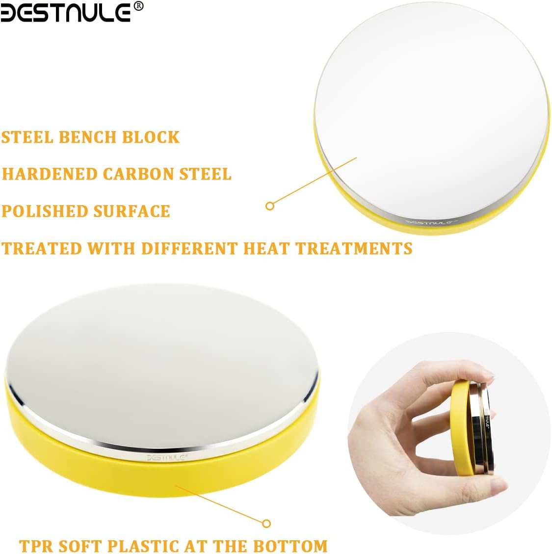 BESTNULE Professional Steel Bench Block, Covered with TPR Soft Plastic at the Bottom, Metal Stamping Table Mirror, Polishing with Chrome Plating for Jewelry Stamping Tools, (Dia: 3”, H: 19/32”)