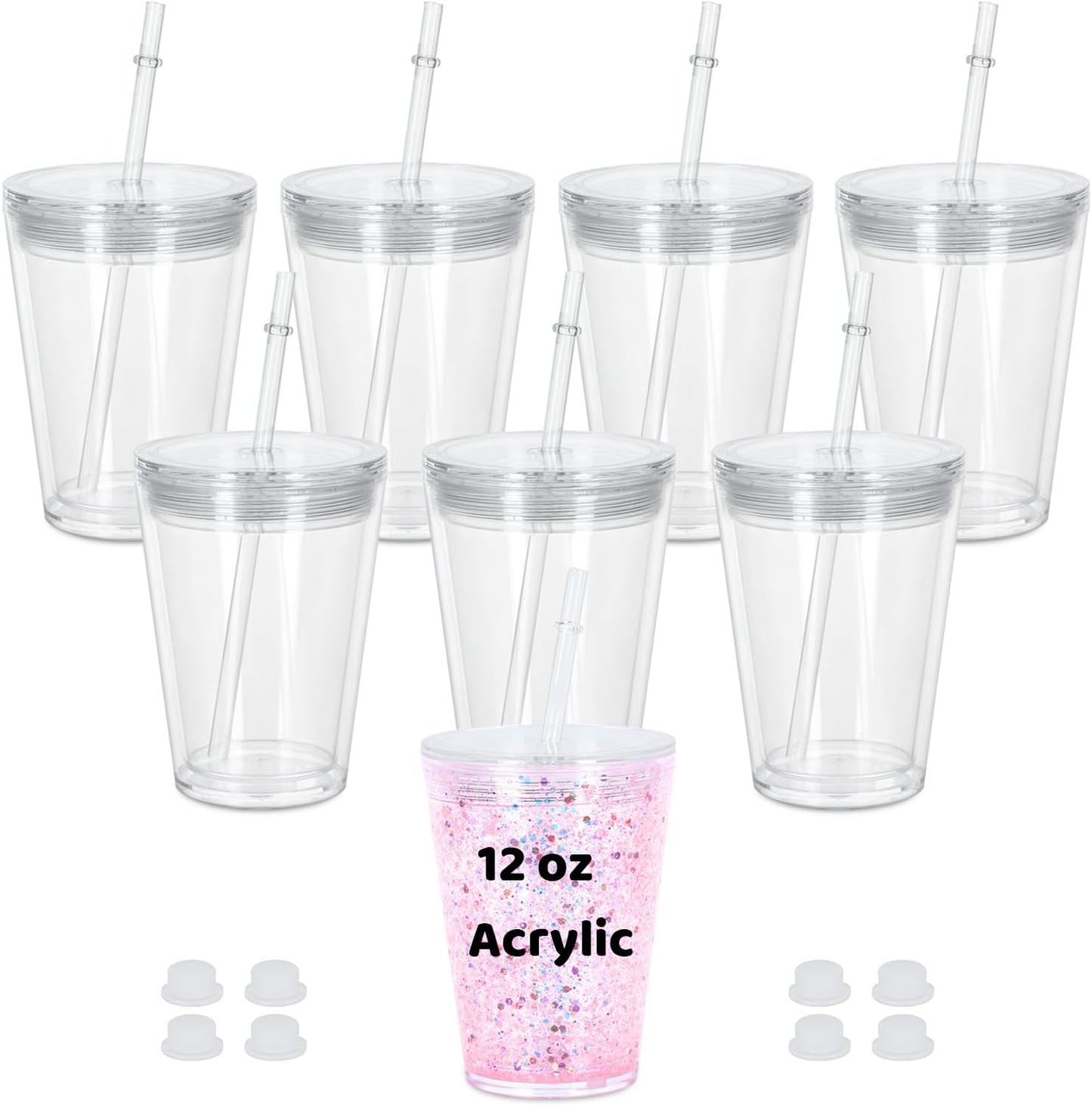 12 Oz Acrylic Kids Snowglobe Tumbler, 8 Pack Pre-Drilled Double Wall Plastic Snow Globe Cup for Glitter Snow Globe Diy