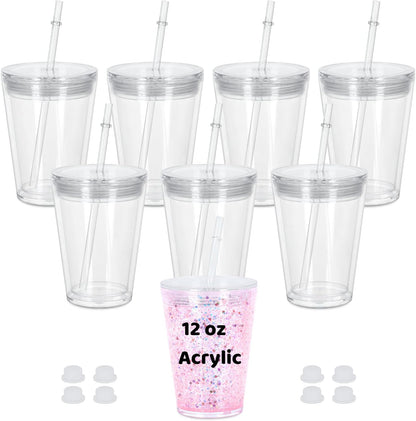 12 Oz Acrylic Kids Snowglobe Tumbler, 8 Pack Pre-Drilled Double Wall Plastic Snow Globe Cup for Glitter Snow Globe Diy