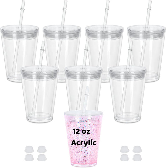 12 Oz Acrylic Kids Snowglobe Tumbler, 8 Pack Pre-Drilled Double Wall Plastic Snow Globe Cup for Glitter Snow Globe Diy