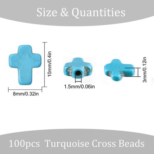 100pcs Blue and White Turquoise Cross Spacer Beads 8x10mm Semi Precious Stone Bead Easter Cross Gemstone Loose Beads for Jewelry Making Charms Beading Bracelets Necklaces Earrings Crafts