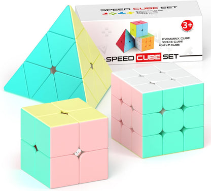 Vdealen Speed Cube Set, 2x2x2 3x3x3 Pyramid Magic Cube Set, Puzzle Cube Toys Birthday Party Christmas Stocking Stuffers Gift for Kids Teens Adults(Carbon Fiber Sticker)