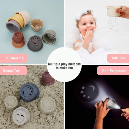 BOBXIN Stacking Cups Baby Building/Bathtub/Beach Toy 11.8″, Nesting Cup Early Educational Toddlers Stacking Toy, 8 Pcs with Numbers & Pattern, Fun for Kid Baby 6-12 Months Indoor/Outdoor
