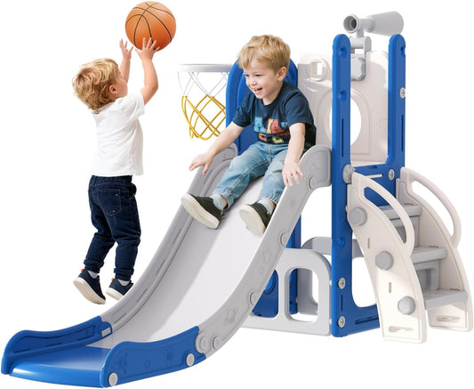 Babytronic Toddler Slide, 6 in 1 Kids Indoor Slide for Toddlers 1-3, Baby Indoor and Outdoor Climber Playset, Kids Slide with Basketball Hoop and Telescope, Toddler Outdoor Playground (Blue&Yellow)