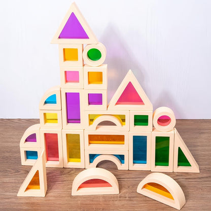 Rainbow Sensory Toys Blocks,15 Pcs Large Wooden Building Blocks for Toddlers Baby Kids,Colorful Geometric Stacking Toys, Preschool Educational Toy Set