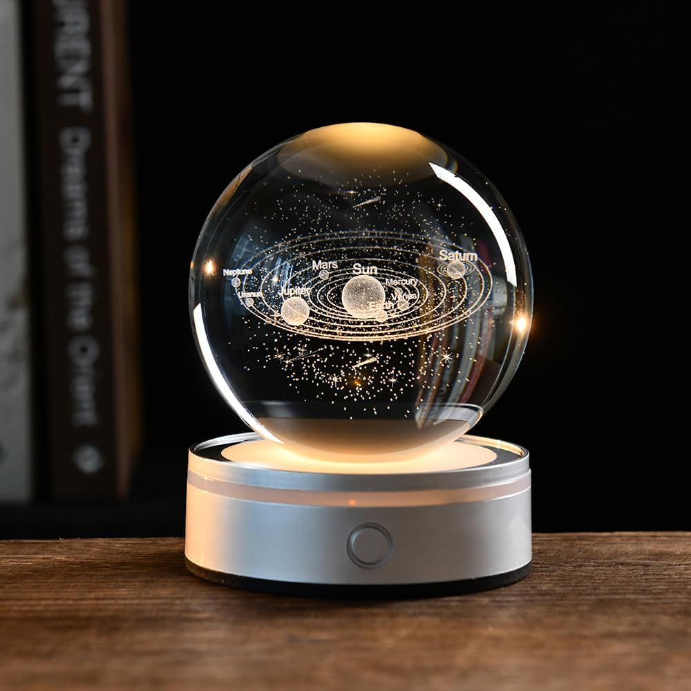 3D Solar System Crystal Ball Universe Glass Ball Space Astronomy Gift Planets Model Science Astrophysics Gifts Solar System Night Light Glass Globe Decor with 12 Colorful Modes Light Base