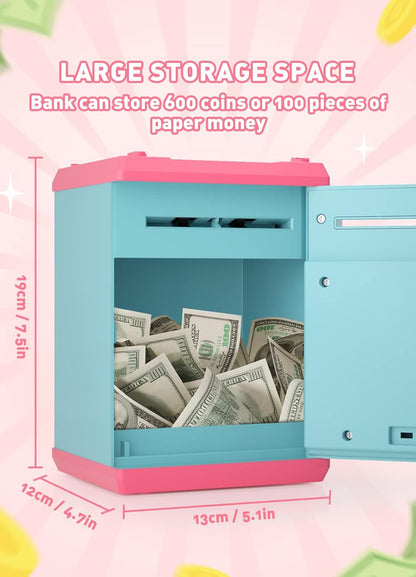 Playsheek Piggy Bank for Girls Boys Large Electronic Money Coin Banks with Password Protection, Automatic Paper Money Scroll Saving Box, Great Gift for Kids(Black-White)