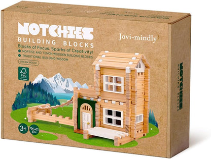 Jovi-mindly＆Notchies 96 PCS Wooden Blocks Wooden Toys with Storage Bag, Preschool Learning Toys Wood Blocks Building for Kids Ages 4-8 Creative Construction Game,FSC Certified,Birthday Toys Gifts