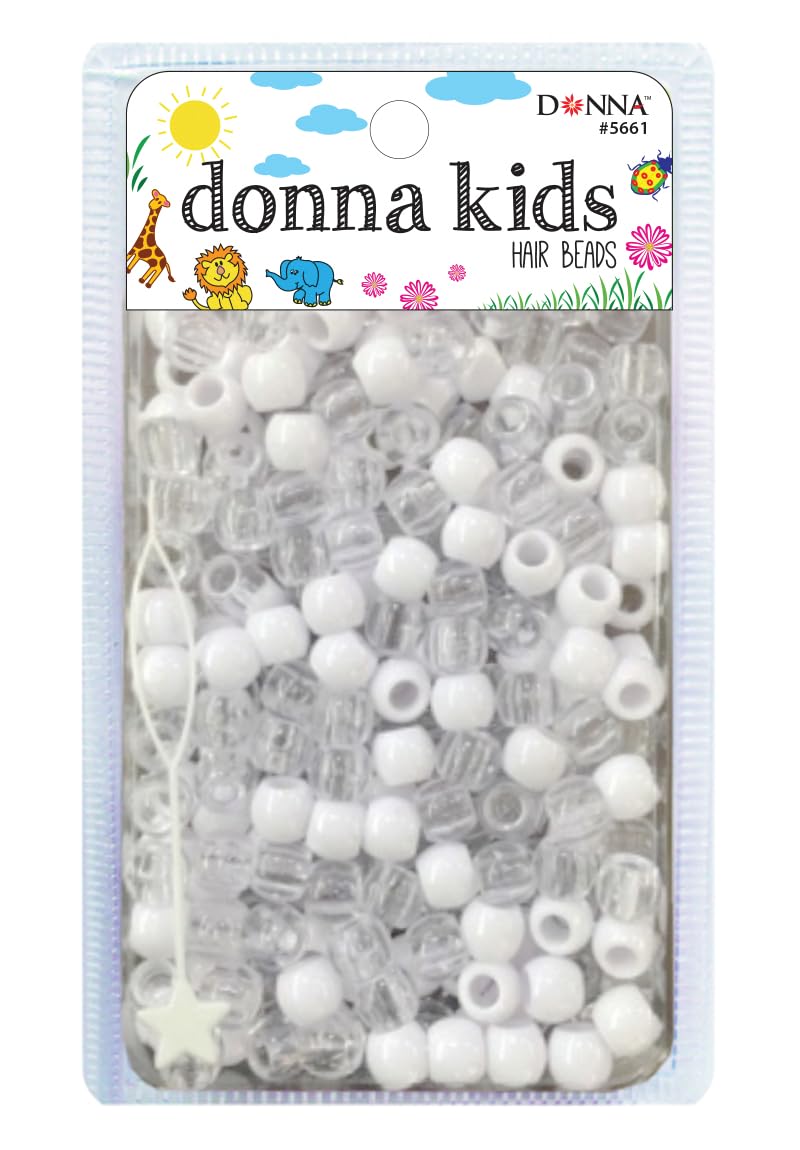 DONNA Kids Hair Beads 12 mm (170 pcs) – Clear Pearl Pony Beads with Threading Tool – Fun Braiding & Craft Accessories for Girls