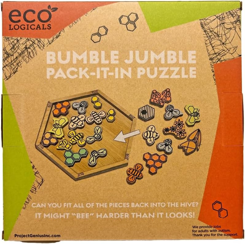 Bumble Jumble Tangram Puzzle, 23-Piece Wooden Brain Teaser, Eco Bamboo Hive Pack It in for Adults & Kids, Logic Desk Game & Quick Thinking Challenge