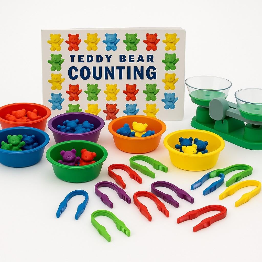 Teddy Bear Counting & Patterning Set – 96 Bears, 12 Easy Grip Tweezers, 6 Sorting Bowls, Books & Balance Scale for Preschool Math & STEM